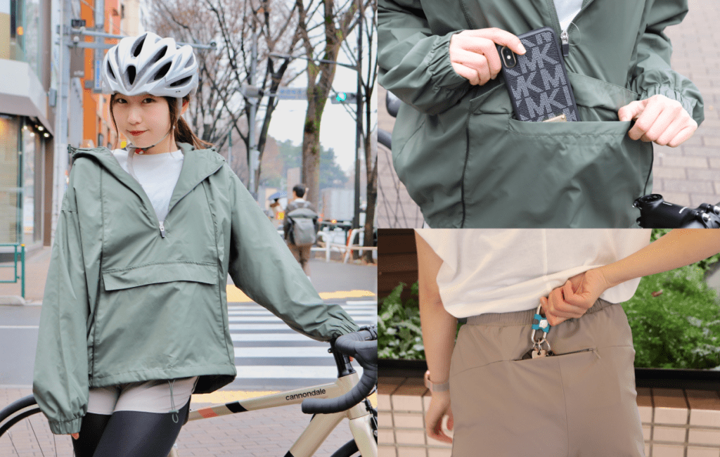 アノラックパーカは中の生地も温かいので、春先でまだそんなに暖かくないときに使えます。前ポケットが大きくてなんでも入るのもいいですね。ショートパンツの後ろにも大きめのポケットがついています。