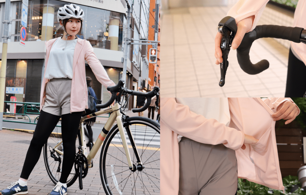 万能に使えるUVカットフルジップパーカ(長袖)。親指を通せるところがあるのがポイント。内ポケットは深めで、お財布を入れても安心です。