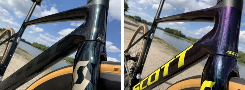 (左)ADDICT RC PREMIUM のカラーリング。メタリックグリーンのべースカラーに深みのあるクリアを重ねた重厚感のあるカラー。(右)ADDICT RC PRO 。ミッチェルトンスコットチームカラーで、フロントフォークからヘッド回りにかけては偏光色になっており、メタリックグリーン/ブルー/パープルと表情を変える。