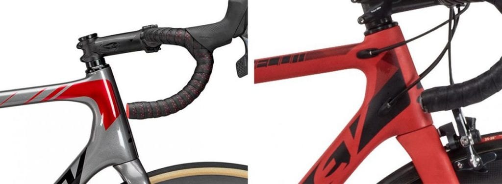 「SLX DISC」はケーブル完全内装設計。エアロ効果にも優れる(左)。「SLX TEAM」「X」でもケーブルはフレーム内蔵だ(右)。