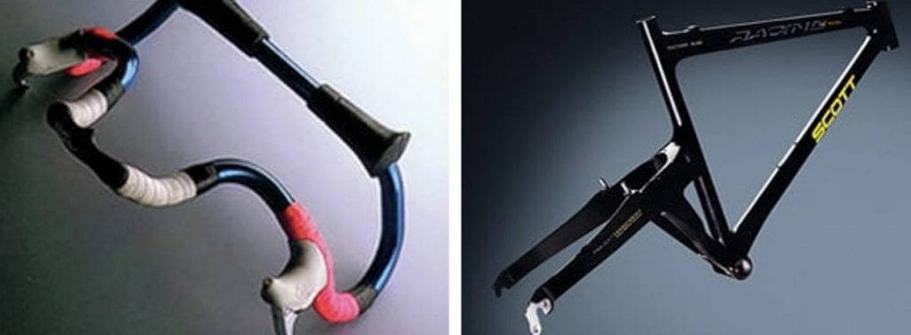 (左)1989年のツール・ド・フランスでグレッグ・レモンが使用し一気に名が知られたエアロダイナミックハンドルバー (右)1995年には、自社初となるカーボン製MTB「Endorphin」が発表された。