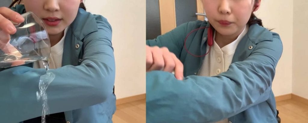 コップの水を垂らしてみると見事に弾いて、ジャケットの内側はまったく濡れていません。