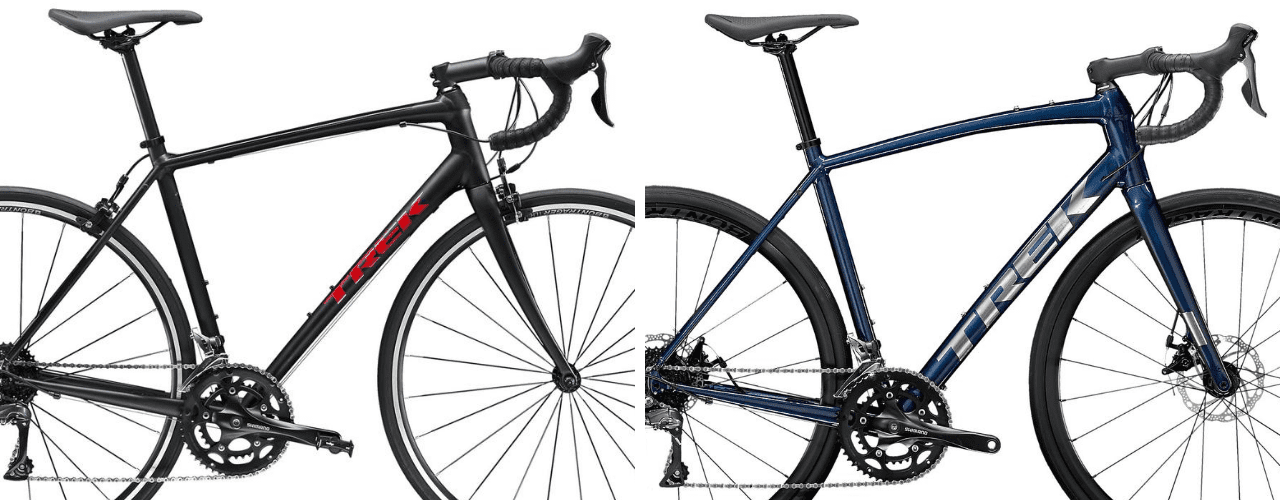 (左)2020年モデルのDomane AL 2と、(右)2021年モデルの Domane AL 2 Disc。ケーブルは内装化し、くびれたヘッドチューブやボリューム感のあるダウンチューブはまるでハイエンドカーボンバイクのよう。