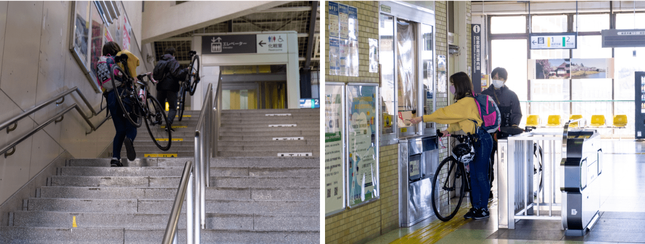 両国が専用ゲート&ホームだったのに対し、佐倉はいたって普通の駅。通常のホームに下車し階段を登りますが、駅構内・改札内とも自転車を押して歩くことができます。