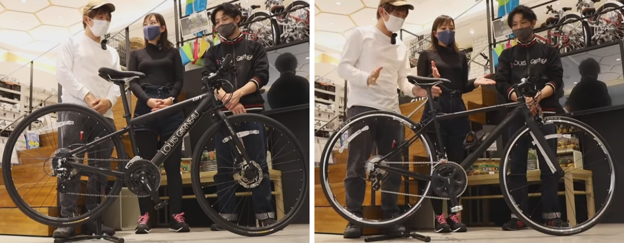 左がディスクブレーキ、右がリムブレーキ。どこが違うかわかりますか?
