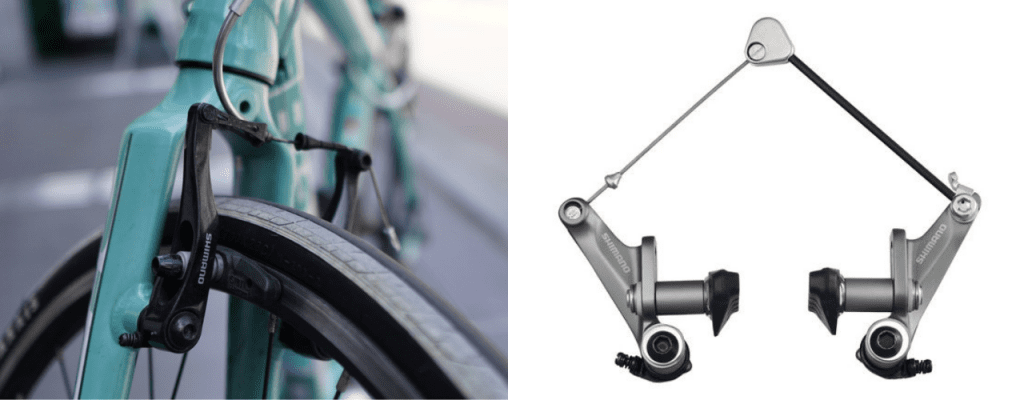 左:Vブレーキ、右:カンチブレーキ(Image:SHIMANO)。クロスバイクに多いのはVブレーキ。