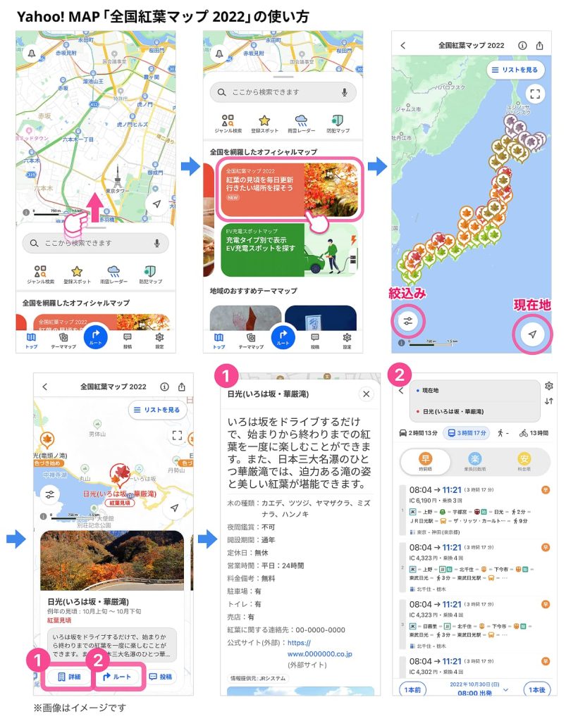 Yahoo! MAP 「全国紅葉マップ 2022」の使い方